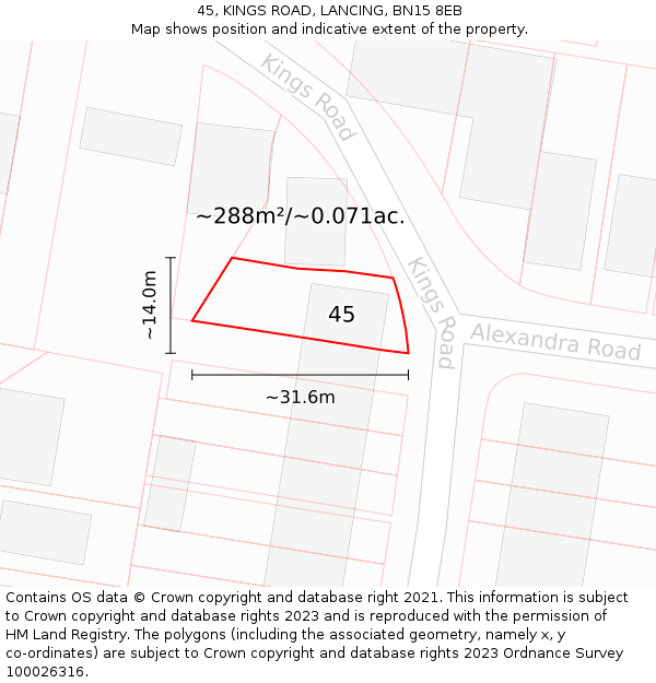 45, KINGS ROAD, LANCING, BN15 8EB: Plot and title map