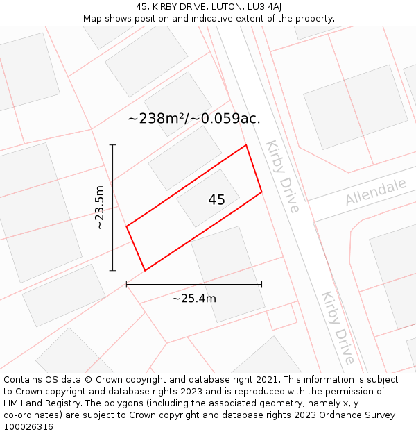45, KIRBY DRIVE, LUTON, LU3 4AJ: Plot and title map