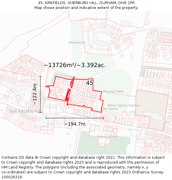 45, KIRKFIELDS, SHERBURN HILL, DURHAM, DH6 1PR: Plot and title map