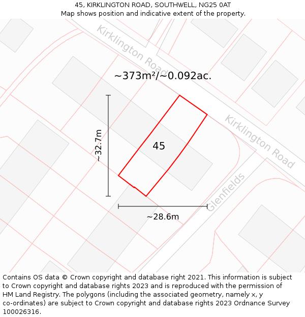 45, KIRKLINGTON ROAD, SOUTHWELL, NG25 0AT: Plot and title map