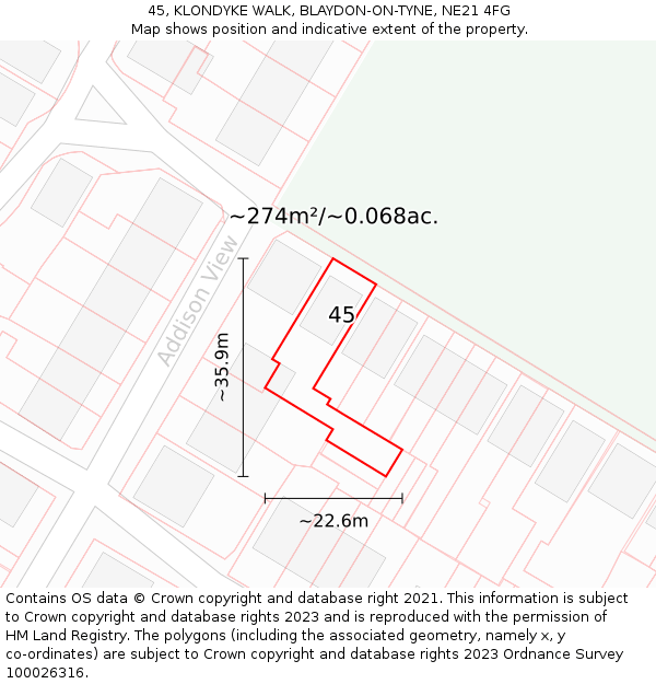 45, KLONDYKE WALK, BLAYDON-ON-TYNE, NE21 4FG: Plot and title map