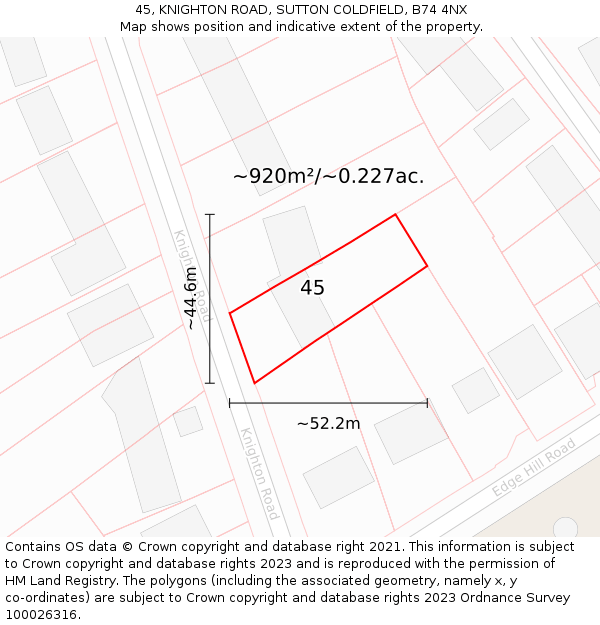 45, KNIGHTON ROAD, SUTTON COLDFIELD, B74 4NX: Plot and title map