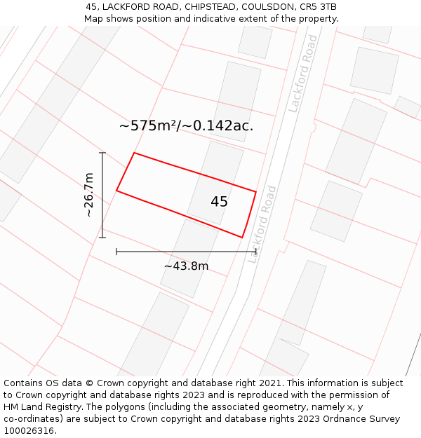 45, LACKFORD ROAD, CHIPSTEAD, COULSDON, CR5 3TB: Plot and title map