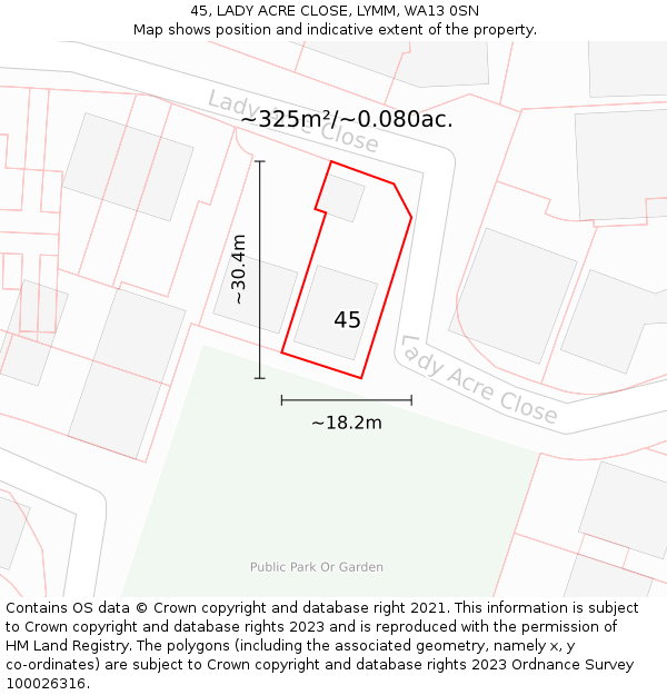 45, LADY ACRE CLOSE, LYMM, WA13 0SN: Plot and title map