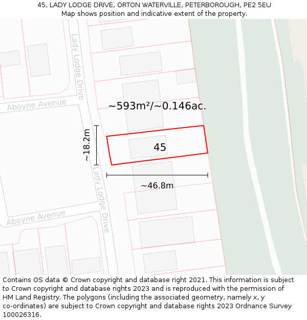 45, LADY LODGE DRIVE, ORTON WATERVILLE, PETERBOROUGH, PE2 5EU: Plot and title map