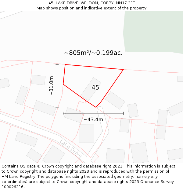 45, LAKE DRIVE, WELDON, CORBY, NN17 3FE: Plot and title map