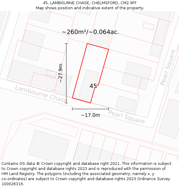 45, LAMBOURNE CHASE, CHELMSFORD, CM2 9FF: Plot and title map