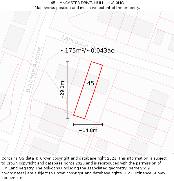 45, LANCASTER DRIVE, HULL, HU8 0HG: Plot and title map