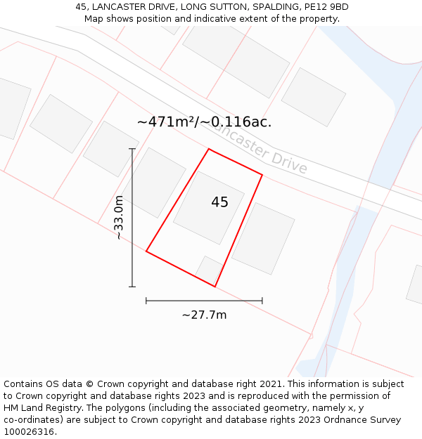45, LANCASTER DRIVE, LONG SUTTON, SPALDING, PE12 9BD: Plot and title map