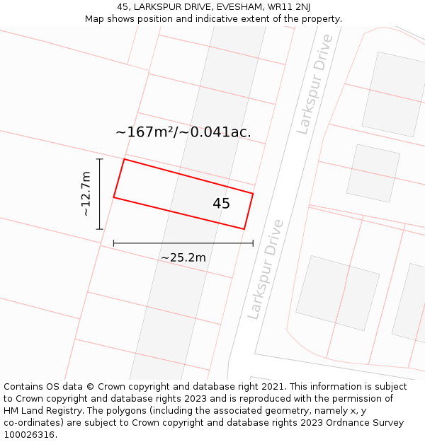 45, LARKSPUR DRIVE, EVESHAM, WR11 2NJ: Plot and title map