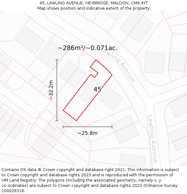 45, LAWLING AVENUE, HEYBRIDGE, MALDON, CM9 4YT: Plot and title map