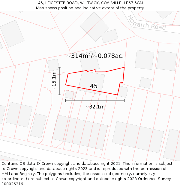 45, LEICESTER ROAD, WHITWICK, COALVILLE, LE67 5GN: Plot and title map