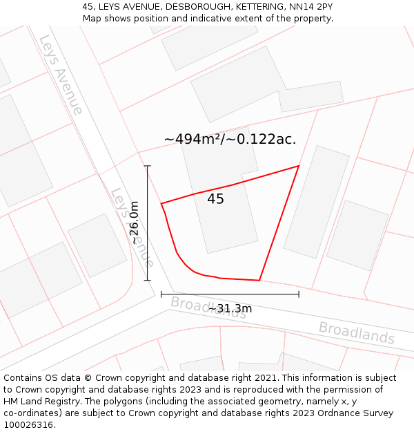 45, LEYS AVENUE, DESBOROUGH, KETTERING, NN14 2PY: Plot and title map
