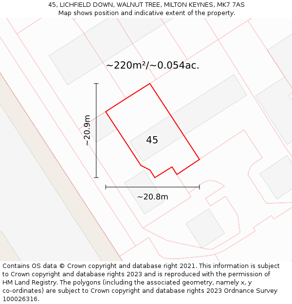 45, LICHFIELD DOWN, WALNUT TREE, MILTON KEYNES, MK7 7AS: Plot and title map