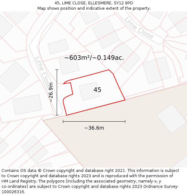 45, LIME CLOSE, ELLESMERE, SY12 9PD: Plot and title map