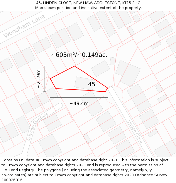 45, LINDEN CLOSE, NEW HAW, ADDLESTONE, KT15 3HG: Plot and title map