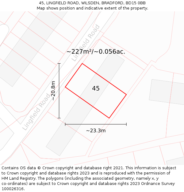 45, LINGFIELD ROAD, WILSDEN, BRADFORD, BD15 0BB: Plot and title map
