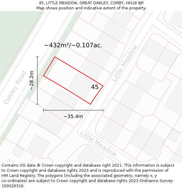 45, LITTLE MEADOW, GREAT OAKLEY, CORBY, NN18 8JP: Plot and title map