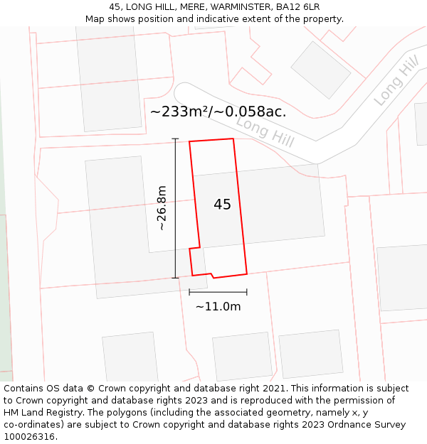 45, LONG HILL, MERE, WARMINSTER, BA12 6LR: Plot and title map
