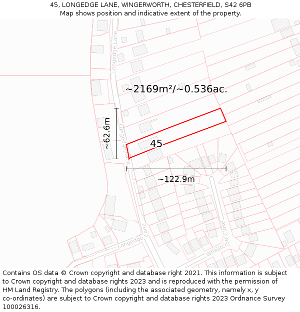 45, LONGEDGE LANE, WINGERWORTH, CHESTERFIELD, S42 6PB: Plot and title map