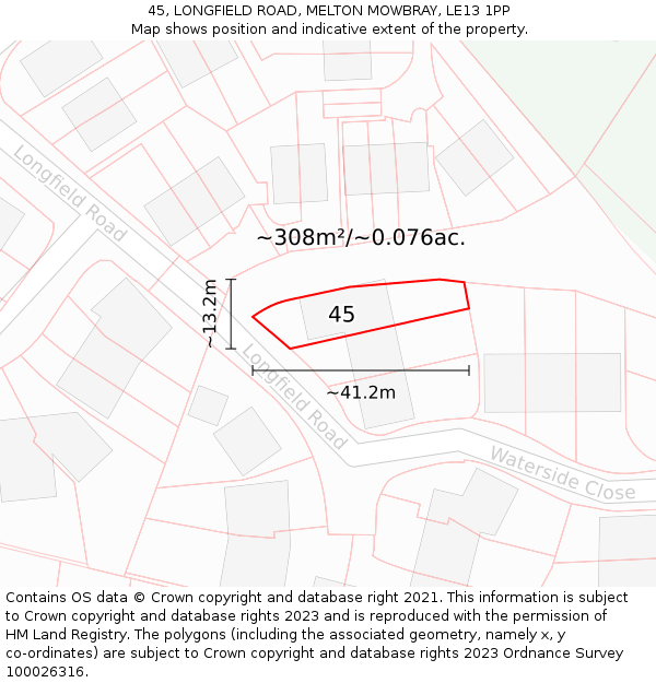 45, LONGFIELD ROAD, MELTON MOWBRAY, LE13 1PP: Plot and title map