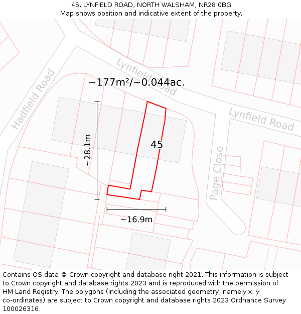 45, LYNFIELD ROAD, NORTH WALSHAM, NR28 0BG: Plot and title map