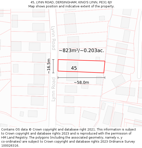45, LYNN ROAD, DERSINGHAM, KING'S LYNN, PE31 6JY: Plot and title map