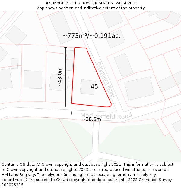 45, MADRESFIELD ROAD, MALVERN, WR14 2BN: Plot and title map