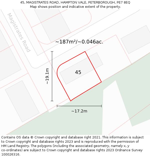 45, MAGISTRATES ROAD, HAMPTON VALE, PETERBOROUGH, PE7 8EQ: Plot and title map