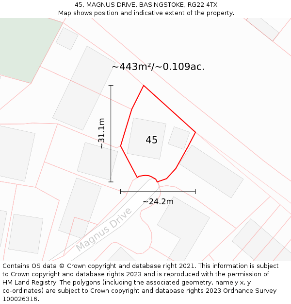 45, MAGNUS DRIVE, BASINGSTOKE, RG22 4TX: Plot and title map