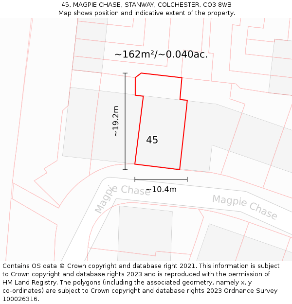 45, MAGPIE CHASE, STANWAY, COLCHESTER, CO3 8WB: Plot and title map