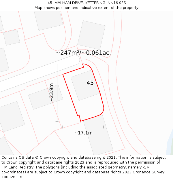 45, MALHAM DRIVE, KETTERING, NN16 9FS: Plot and title map