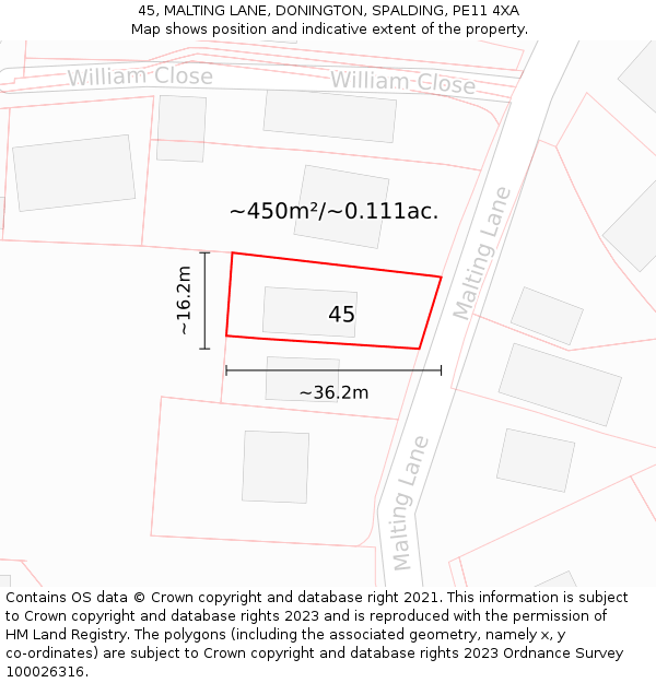 45, MALTING LANE, DONINGTON, SPALDING, PE11 4XA: Plot and title map