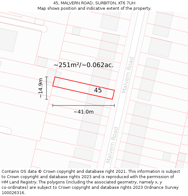 45, MALVERN ROAD, SURBITON, KT6 7UH: Plot and title map