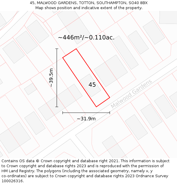 45, MALWOOD GARDENS, TOTTON, SOUTHAMPTON, SO40 8BX: Plot and title map