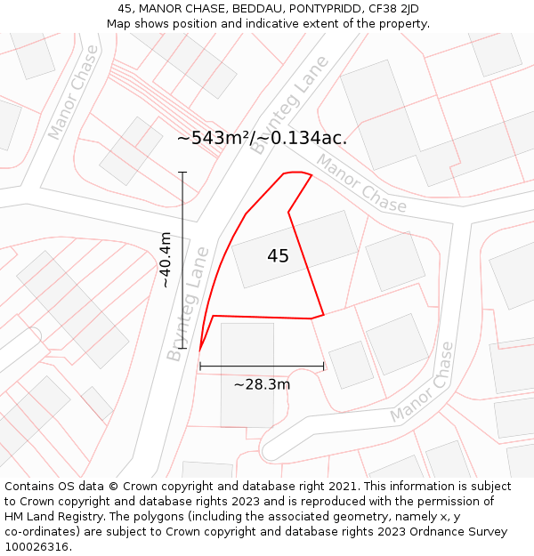 45, MANOR CHASE, BEDDAU, PONTYPRIDD, CF38 2JD: Plot and title map
