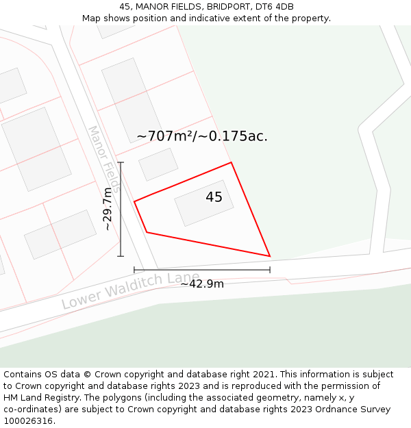 45, MANOR FIELDS, BRIDPORT, DT6 4DB: Plot and title map