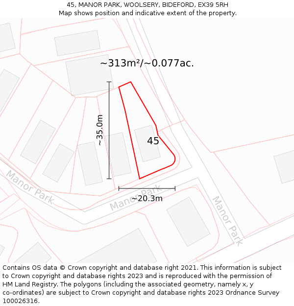 45, MANOR PARK, WOOLSERY, BIDEFORD, EX39 5RH: Plot and title map