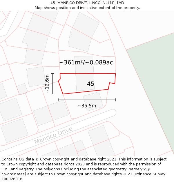 45, MANRICO DRIVE, LINCOLN, LN1 1AD: Plot and title map