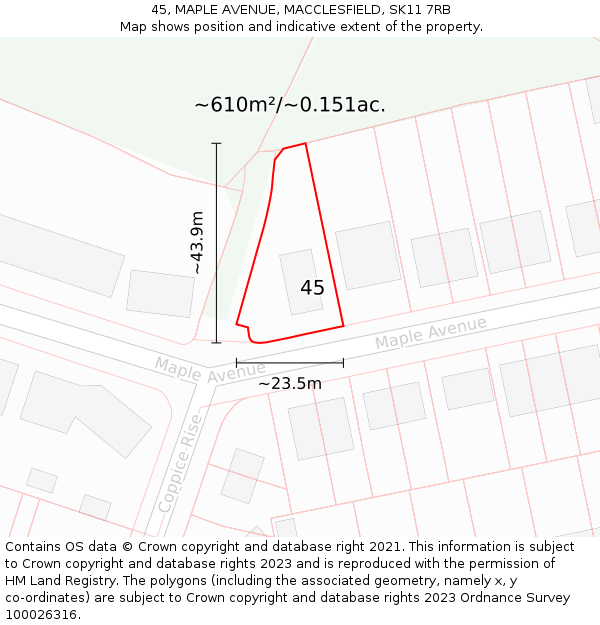 45, MAPLE AVENUE, MACCLESFIELD, SK11 7RB: Plot and title map