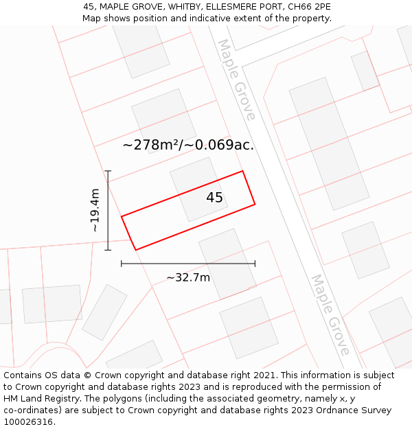 45, MAPLE GROVE, WHITBY, ELLESMERE PORT, CH66 2PE: Plot and title map
