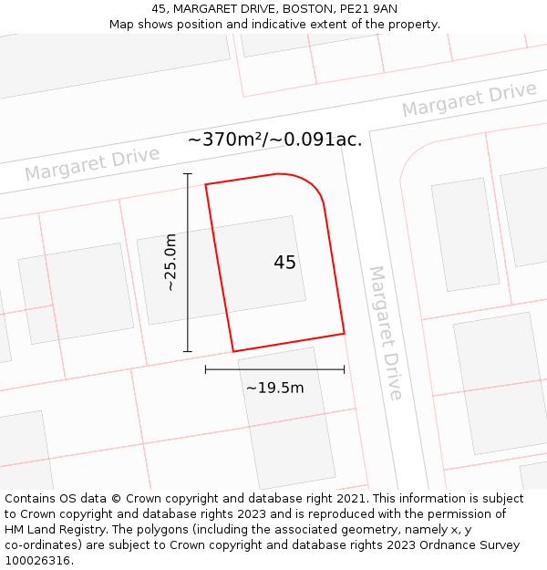45, MARGARET DRIVE, BOSTON, PE21 9AN: Plot and title map