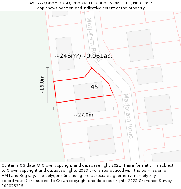 45, MARJORAM ROAD, BRADWELL, GREAT YARMOUTH, NR31 8SP: Plot and title map