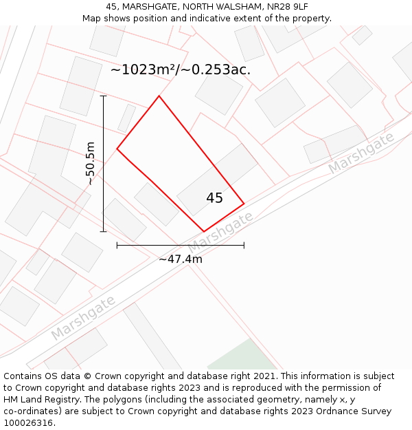 45, MARSHGATE, NORTH WALSHAM, NR28 9LF: Plot and title map