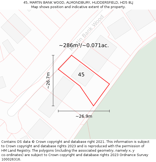 45, MARTIN BANK WOOD, ALMONDBURY, HUDDERSFIELD, HD5 8LJ: Plot and title map