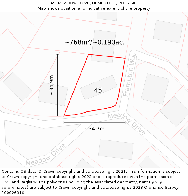 45, MEADOW DRIVE, BEMBRIDGE, PO35 5XU: Plot and title map