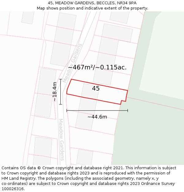 45, MEADOW GARDENS, BECCLES, NR34 9PA: Plot and title map