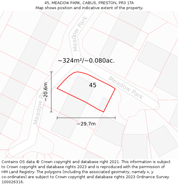 45, MEADOW PARK, CABUS, PRESTON, PR3 1TA: Plot and title map