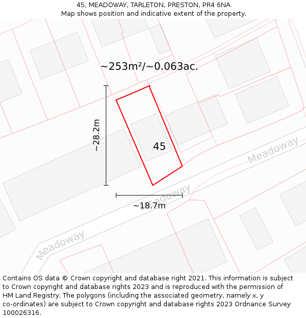 45, MEADOWAY, TARLETON, PRESTON, PR4 6NA: Plot and title map