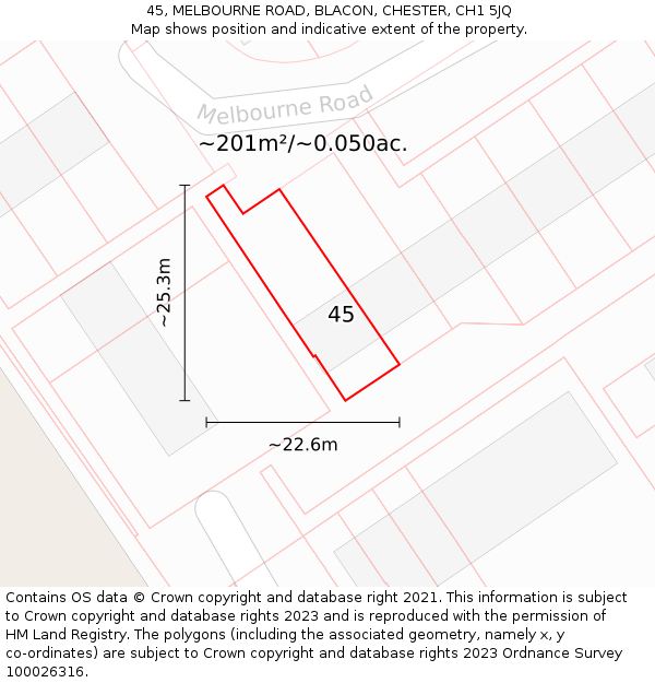 45, MELBOURNE ROAD, BLACON, CHESTER, CH1 5JQ: Plot and title map